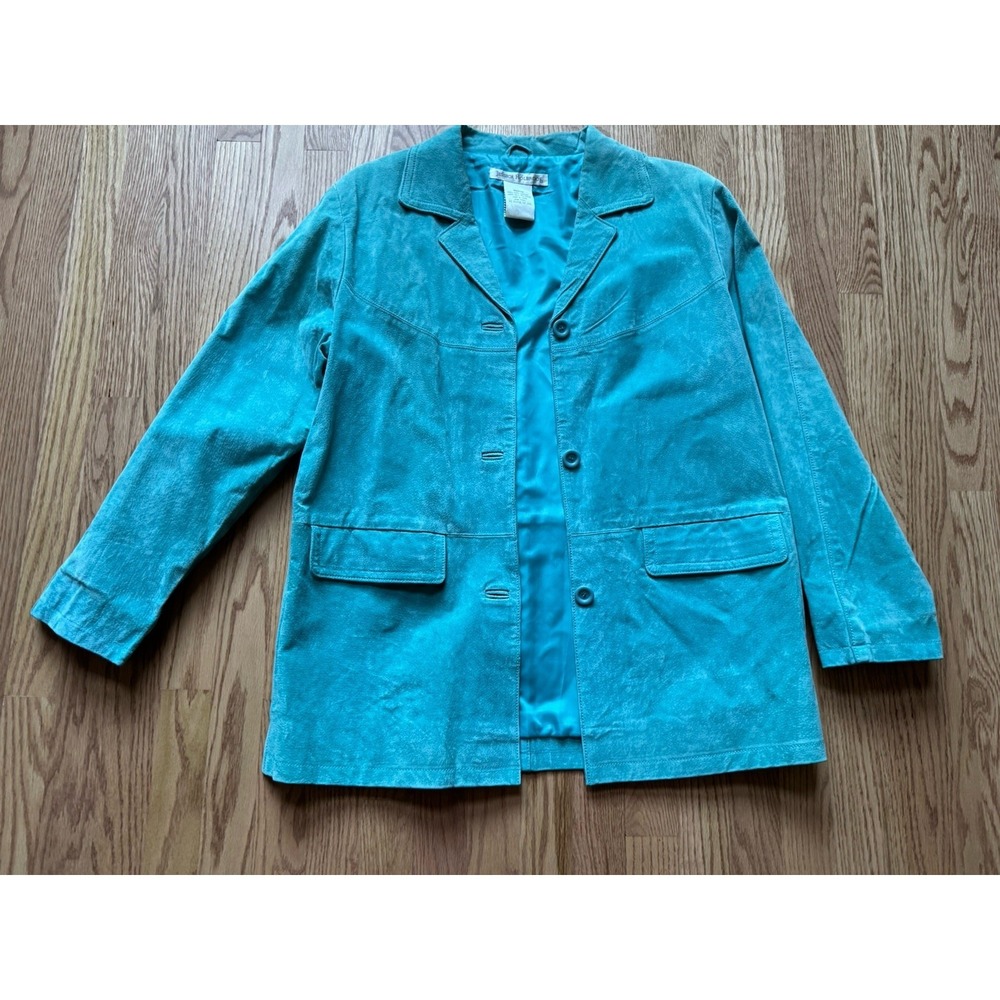 Jessica Holbrook Teal‎ Suede Leather Jacket Coat Medium Aqua Blue Coastal Boho